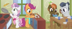 Size: 1753x704 | Tagged: safe, artist:ohohokapi, deleted from derpibooru, derpibooru import, button mash, rumble, scootaloo, sweetie belle, earth pony, pegasus, pony, unicorn, apron, bipedal, clothes, colt, cooking, female, filly, food, frying pan, hoof hold, housewife, image, jpeg, knife, looking up, male, naked apron, open mouth, pancakes, potato, rumbloo, shipping, stepford wife, straight, sweetiemash, tomboy taming