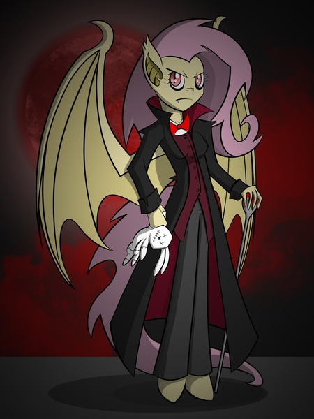 Size: 1500x2000 | Tagged: semi-grimdark, artist:xain-russell, deleted from derpibooru, derpibooru import, angel bunny, fluttershy, anthro, bat pony, vampire, bat wings, blood, blood moon, bowtie, breasts, clothes, coat, fangs, female, flutterbat, red eyes, solo, staff