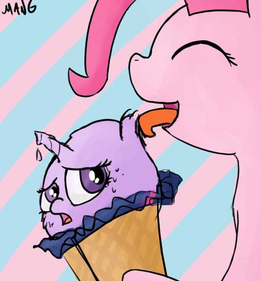 Size: 532x573 | Tagged: safe, artist:mang, derpibooru import, pinkie pie, twilight sparkle, food pony, original species, 30 minute art challenge, female, fetish, food transformation, funny, ice cream, lesbian, non-consensual licking, preylight, shipping, transformation, twice cream, twinkie, vore, wat