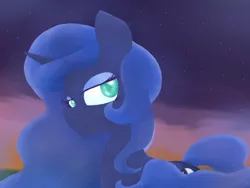 Size: 800x600 | Tagged: artist:twithehedgehog, bedroom eyes, cute, derpibooru import, digital painting, lineless, looking at you, night, portrait, princess luna, safe, sky, smiling, solo, stars