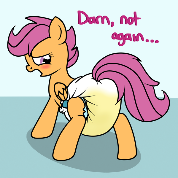 Size: 1500x1500 | Tagged: artist:fillyscoots42, crinkleloo, diaper, diaper fetish, female, fetish, incontinent, poofy diaper, questionable, scootaloo, solo, solo female, urine, wet diaper