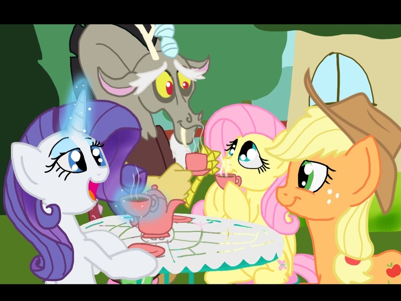 Size: 1024x768 | Tagged: safe, artist:biosonic100, derpibooru import, applejack, discord, fluttershy, rarity, tea, tea party