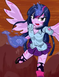 Size: 1912x2500 | Tagged: safe, artist:nekojackun, derpibooru import, twilight sparkle, equestria girls, clothes, dying will flame, epic, hitman reborn, hyper dying will mode, injured, long hair, magic, mountain, open mouth, ponied up, skirt, solo, super saiyan princess, torn clothes