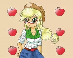 Size: 997x798 | Tagged: safe, artist:nekojackun, derpibooru import, applejack, equestria girls, clothes, cowboy hat, denim skirt, freckles, glasses, hat, looking at you, skirt, solo, stetson