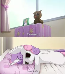 Size: 846x960 | Tagged: safe, artist:mcsadat, derpibooru import, rarity, sweetie belle, pony, unicorn, a channel, anime, bed, blanket, comic, curtains, depression, dialogue, female, filly, i want to die, lying down, open mouth, parody, pillow, pixiv, prone, solo, subtitles, summer, window