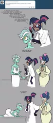 Size: 899x2060 | Tagged: artificial intelligence, artist:egophiliac, bon bon, c:, clothes, comic, derpibooru import, dress, gloves, gray background, hips, human, humanized, lab coat, lyra heartstrings, prone, robot, robots doing horse things, role reversal, safe, simple background, smiling, steampunk, steamquestria, surprised, sweetie drops, thinking, twilight sparkle, wide eyes