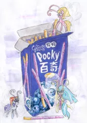 Size: 2663x3770 | Tagged: artist:catseye-view, breezie, chinese text, derpibooru import, eating, food, pocky, safe, size difference, traditional art, watercolor painting