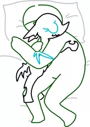 Size: 341x478 | Tagged: artist:the weaver, bed, changeling, changeling oc, cuddling, derpibooru import, human, human on changeling snuggling, oc, oc:anon, oc:danganya, safe, simple background, snuggling, unofficial characters only, white background