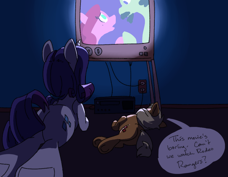 Size: 900x700 | Tagged: applejack, artist:goat train, bored, derpibooru import, dock, filly, foalsitter, plot, prone, rarity, safe, side, television, underhoof, watching