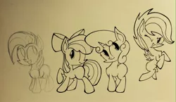 Size: 1889x1096 | Tagged: apple bloom, applejack, artist:pelate, babs seed, cutie mark crusaders, derpibooru import, monochrome, safe, scootaloo, sweetie belle, traditional art, wip