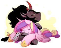 Size: 1004x795 | Tagged: artist:mylittlesheepy, bedroom eyes, couple, cuddling, cute, cutedance, derpibooru import, eyes closed, female, hug, infidelity, king sombra, male, princess cadance, prone, safe, shipping, simple background, sleeping, smiling, snuggling, sombradorable, somdance, straight, transparent background