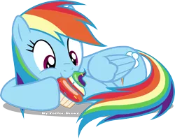 Size: 2543x2022 | Tagged: safe, artist:vector-brony, derpibooru import, rainbow dash, pegasus, pony, checkered background, cupcake, cute, dashabetes, food, hoof hold, looking at something, lying down, nom, photo, prone, rainbow, rainbow cupcake, simple background, smiling, solo, transparent background, vector