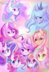 Size: 600x877 | Tagged: safe, artist:pekou, derpibooru import, applejack, fluttershy, pinkie pie, princess cadance, princess celestia, princess luna, rainbow dash, rarity, twilight sparkle, twilight sparkle (alicorn), alicorn, pony, female, head, mane six, mare, rainbow power, simple background, smiling