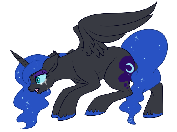 Size: 600x447 | Tagged: artist:lulubell, crying, derpibooru import, fangs, floppy ears, nightmare moon, open mouth, raised leg, sad, safe, simple background, solo, spread wings, transformation, transparent background, trembling