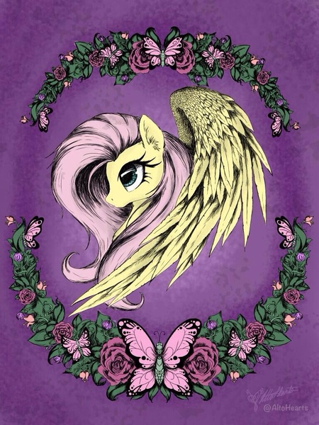 Size: 768x1024 | Tagged: artist:altohearts, butterfly, derpibooru import, flower, fluttershy, leaves, profile, safe, solo