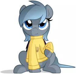 Size: 2748x2673 | Tagged: safe, artist:furrgroup, derpibooru import, oc, oc:dreamscape, unofficial characters only, bat pony, pony, clothes, looking at you, muffin, simple background, sitting, smiling, solo, sweater