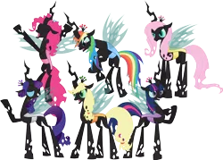 Size: 1612x1151 | Tagged: applejack, artist:kaylathehedgehog, changeling, changelingified, changeling mane six, changeling queen, changeling six, dashling, derpibooru import, fanfic art, fanfic:changelings of harmony, fanfic:six queens, female, flutterling, fluttershy, mane six, pinkie pie, queen applejack, queen fluttershy, queen pinkie, queen pinkie pie, queen rainbow, queen rainbow dash, queen rarity, queen twilight, rainbow dash, rarity, safe, species swap, twilight sparkle, twilight sparkle (alicorn), xk-class end-of-the-world scenario