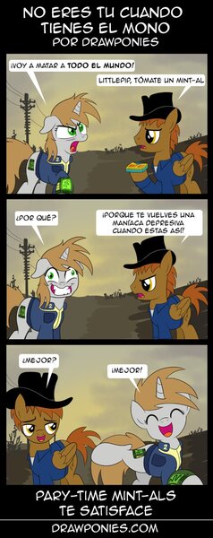 Size: 563x1420 | Tagged: safe, artist:drawponies, derpibooru import, oc, oc:calamity, oc:littlepip, unofficial characters only, pegasus, pony, unicorn, fallout equestria, fanfic, clothes, comic, fanfic art, female, hat, horn, male, mare, pipbuck, smiling, spanish, stallion, translation, vault suit, wasteland, wings