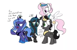 Size: 2156x1393 | Tagged: safe, artist:frikdikulous, derpibooru import, king sombra, princess celestia, princess luna, queen chrysalis, alicorn, changeling, changeling queen, pony, unicorn, cewestia, changeling princess, clothes, colored, colt, colt sombra, crown, cute, cutealis, cutelestia, dialogue, female, filly, filly queen chrysalis, good king sombra, image, jewelry, jpeg, lunabetes, male, peytral, regalia, shoes, simple background, sketch, sombra's cutie mark, sombradorable, tiara, white background, woona, younger