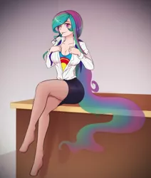 Size: 1527x1800 | Tagged: artist:scorpdk, bedroom eyes, breasts, busty princess celestia, clark kent, cleavage, clothes, cosplay, dc comics, derpibooru import, feet, female, glasses, human, humanized, legs, lip bite, long hair, looking at you, missing shoes, pantyhose, princess celestia, skirt, skirt lift, solo, solo female, suggestive, supelestia, superman