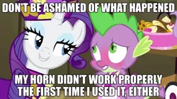 Size: 1152x648 | Tagged: suggestive, derpibooru import, edit, edited screencap, screencap, rarity, spike, dragon, pony, unicorn, dragon quest, apron, blushing, caption, clothes, dress, erectile dysfunction, female, food, image macro, innuendo, male, mare, meme, naked apron, rarity's bad pickup lines, shipping, sparity, straight, text