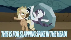 Size: 640x360 | Tagged: applejack, discorded, disproportionate retribution, drama, edit, edited screencap, gritted teeth, kicking, rarity, safe, screencap, spike drama, spike justice warriors, the return of harmony, tom, wide eyes