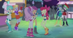 Size: 2495x1306 | Tagged: suggestive, derpibooru import, edit, edited screencap, screencap, apple bloom, blueberry cake, captain planet, cloudy kicks, curly winds, drama letter, rose heart, scootaloo, some blue guy, sweetie belle, tennis match, watermelody, equestria girls, background human, belly button, boots, bra, breasts, clothes, crop top bra, cutie mark crusaders, dancing, exhibitionism, implied foalcon, panties, show accurate, underwear, underwear edit