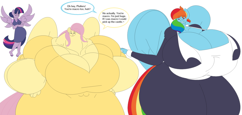 Size: 2785x1334 | Tagged: anthro, artist:two-ton-neko, big breasts, breasts, buff, busty fluttershy, busty rainbow dash, busty twilight sparkle, cleavage, derpibooru import, female, fetish, fluttershy, giantess, huge breasts, hyper breasts, impossibly large breasts, impossibly wide hips, inflation, macro, muscle fetish, muscles, muscleshy, overdeveloped muscles, questionable, rainbow dash, size difference, twilight sparkle, twilight sparkle (alicorn), wide hips