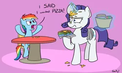Size: 1645x989 | Tagged: age regression, artist:rapidstrike, derpibooru import, filly, macaroni and cheese, picky eater, rainbow dash, rarity, safe