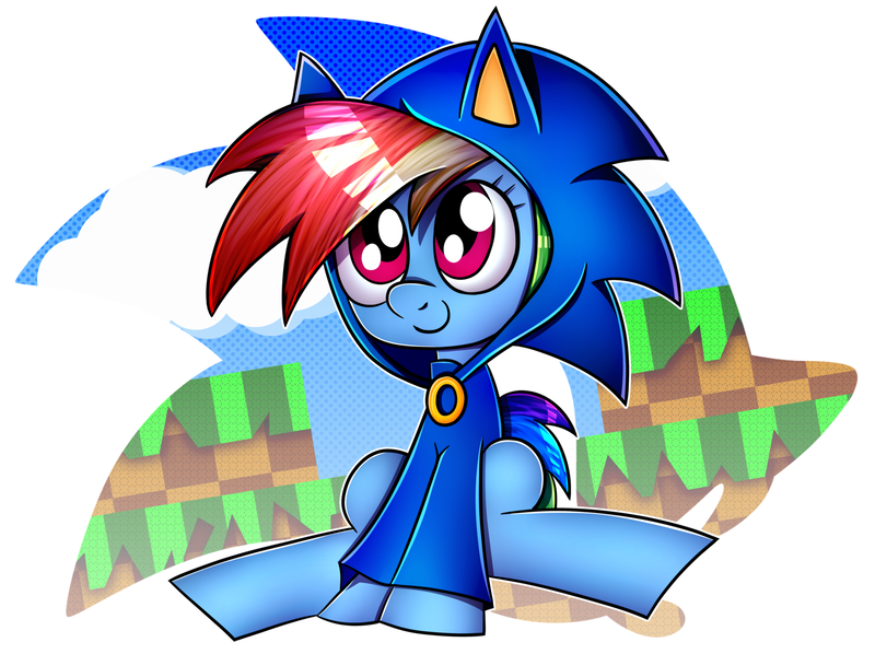 Size: 1600x1196 | Tagged: safe, artist:boulderthedragon, artist:vocalmaker, derpibooru import, rainbow dash, clothes, colored, cosplay, costume, crossover, cute, dashabetes, hoodie, solo, sonic the hedgehog, sonic the hedgehog (series), style emulation, yuji uekawa style