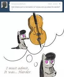 Size: 500x597 | Tagged: safe, artist:erthilo, derpibooru import, octavia melody, earth pony, pony, ask octavia, ask, cello, female, filly, mare, mouth hold, musical instrument, no pupils, solo, thought bubble, tumblr, younger