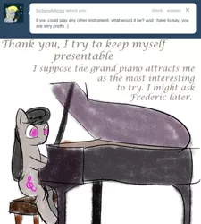 Size: 500x555 | Tagged: safe, artist:erthilo, derpibooru import, octavia melody, earth pony, pony, ask octavia, ask, female, mare, musical instrument, no pupils, piano, sitting, solo, tumblr