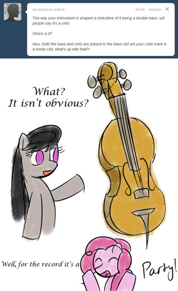 Size: 428x700 | Tagged: safe, artist:erthilo, derpibooru import, octavia melody, pinkie pie, earth pony, pony, ask octavia, ask, duo, duo female, female, mare, musical instrument, no pupils, tumblr