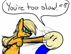 Size: 461x346 | Tagged: safe, artist:godofsteak, derpibooru import, applejack, animated, crossover, extreme speed animation, fight, frown, gif, glare, image, le lenny face, punch, smiling, sonic the hedgehog, sonic the hedgehog (series), you're too slow