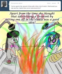 Size: 500x590 | Tagged: safe, artist:erthilo, derpibooru import, octavia melody, vinyl scratch, earth pony, pony, unicorn, ask octavia, ask, duo, duo female, female, fire, mare, microphone, no pupils, studio, tumblr