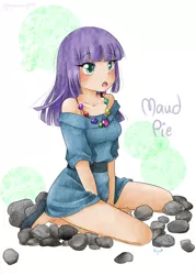 Size: 1500x2100 | Tagged: artist:monicherrie, blushing, breasts, clothes, cute, derpibooru import, dress, female, heart eyes, human, humanized, kneeling, maudabetes, maud pie, :o, open mouth, pebbles, rock, rock candy necklace, solo, solo female, suggestive