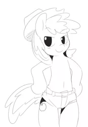 Size: 593x850 | Tagged: safe, artist:ende26, derpibooru import, braeburn, pony, bipedal, clothes, daisy dukes, lineart, monochrome, solo, topless
