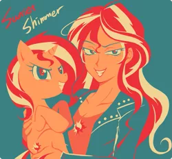 Size: 691x641 | Tagged: dead source, safe, artist:raichi, derpibooru import, sunset shimmer, pony, unicorn, equestria girls, duality, human ponidox, limited palette, self ponidox