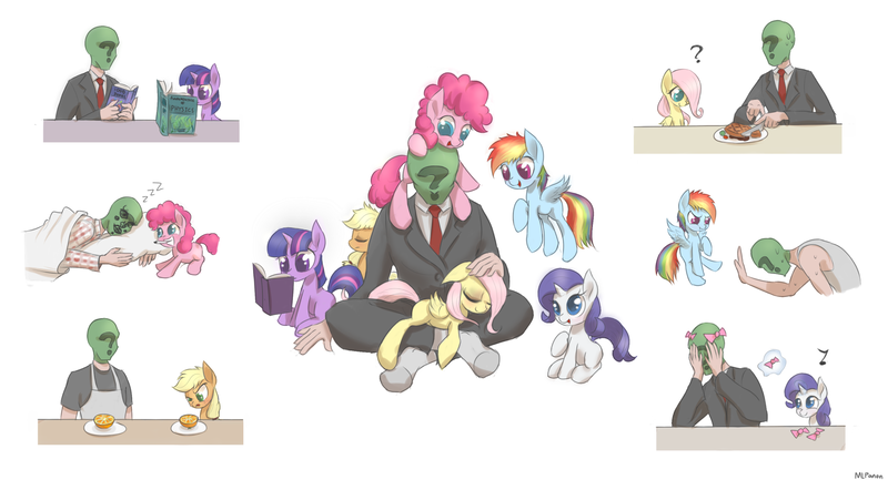 Size: 2000x1082 | Tagged: dead source, safe, artist:mlpanon, derpibooru import, applejack, fluttershy, pinkie pie, rainbow dash, rarity, twilight sparkle, oc, oc:anon, earth pony, human, pegasus, pony, unicorn, :t, angry, babysitting, book, bow, clothes, colored pupils, confused, cuddling, cute, embarrassed, eyes closed, face doodle, female, filly, floppy ears, flying, frown, glare, grin, levitation, lucky bastard, magic, male, mane six, marker, meat, messy mane, mouth hold, music notes, open mouth, orange, petting, pony hat, prank, prone, question mark, raised eyebrow, raised hoof, reading, scrunchy face, simple background, sitting, sleeping, smiling, snuggling, spread wings, sweat, telekinesis, tired, wall of tags, white background, zzz