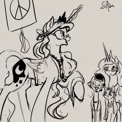 Size: 1280x1280 | Tagged: artist:silfoe, bandana, derpibooru import, flax seed, glasses, grayscale, hippie, lunadoodle, magic, monochrome, necklace, peace symbol, princess celestia, princess luna, raised hoof, safe, sketch, wheat grass