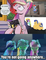 Size: 1280x1655 | Tagged: safe, derpibooru import, edit, edited screencap, screencap, flash sentry, lyra heartstrings, minuette, princess cadance, rainbow dash, twilight sparkle, twilight sparkle (alicorn), twinkleshine, alicorn, pony, a canterlot wedding, read it and weep, accepted meme that never ends, bhm, dashie meme, exploitable meme, fat, fat sentry, female, filly, magenta rain, mare, meme, mirror, possessed, surprise door, the meme that never ends, who destroyed twilight's home