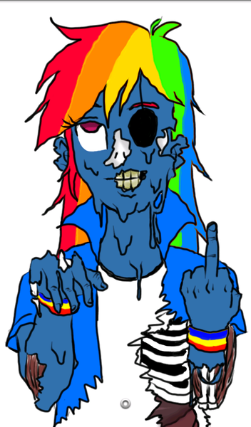 Size: 600x1024 | Tagged: grimdark, artist:asdf314159265, derpibooru import, rainbow dash, zombie, equestria girls, middle finger, solo, vulgar