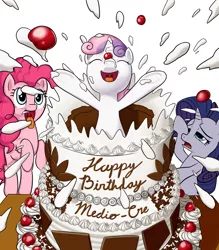 Size: 3500x4000 | Tagged: artist:ligerstorm, birthday, birthday cake, cake, derpibooru import, faint, jumping out of cake, pinkie pie, pop out cake, rarity, safe, sweetie belle