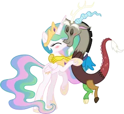 Size: 8171x7500 | Tagged: safe, artist:mactavish1996, artist:zoevulpez, derpibooru import, discord, princess celestia, absurd resolution, blushing, dislestia, female, hug, kissing, male, shipping, simple background, smiling, straight, transparent background, vector