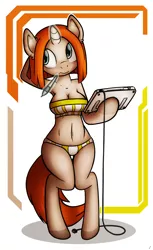 Size: 700x1142 | Tagged: anthro, anthro oc, arm hooves, armpits, artist:tg-0, belly button, bikini, bipedal, breasts, cleavage, clothes, derpibooru import, female, freckles, magic, oc, oc:artful, solo, solo female, suggestive, swimsuit, tablet, tube top, unofficial characters only