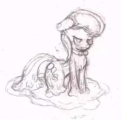 Size: 750x744 | Tagged: artist:theskitozgamer, derpibooru import, goo pony, meltavia, melting, monochrome, octavia melody, original species, safe, sketch, solo, transformation