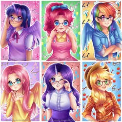 Size: 2892x2893 | Tagged: safe, artist:aikascupcake, derpibooru import, applejack, fluttershy, pinkie pie, rainbow dash, rarity, twilight sparkle, twilight sparkle (alicorn), human, adorkable, belly button, cute, dashabetes, diapinkes, dork, glasses, horned humanization, humanized, jackabetes, mane six, midriff, raribetes, shyabetes, twiabetes, winged humanization