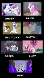 Size: 1226x2146 | Tagged: safe, derpibooru import, cheerilee, pipsqueak, rarity, sweetie belle, earth pony, pony, unicorn, for whom the sweetie belle toils, hearts and hooves day (episode), sisterhooves social, somepony to watch over me, twilight time, angry, bickering sisters, clothes, colt, dress, evil smirk, female, filly, foal, glowing horn, hair bow, impersonating, jealous, looking at each other, magic, male, mare, narrowed eyes, performance, rarity is not amused, sabotage, serving tray, seven deadly sins, siblings, sin of envy, sin of gluttony, sin of greed, sin of lust, sin of pride, sin of sloth, sin of wrath, sisters, sleeping, sunglasses, sweetie belle is not amused, trophy, unamused