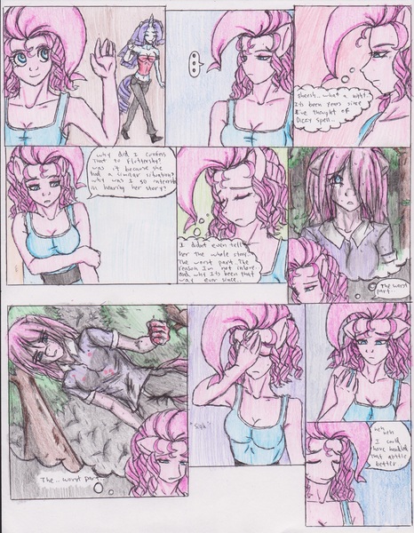 Size: 1275x1643 | Tagged: anthro, artist:zoarenso, comic, derpibooru import, flashback, pinkamena diane pie, pinkie pie, safe, traditional art, undocumented report