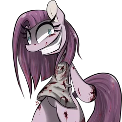 Size: 1500x1500 | Tagged: artist:burnoid096, blood, derpibooru import, grimdark, pinkamena diane pie, pinkie pie, smiling, solo